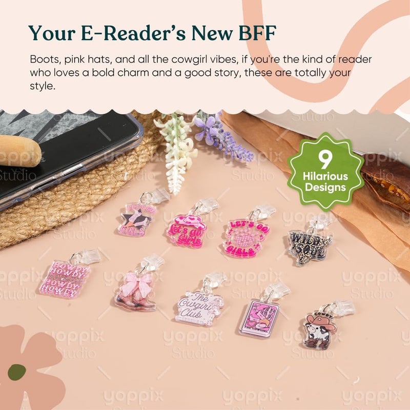 YOPPIX 9PCS Charms for E-Reader, About Cowgirl Theme Dust Plug Charm Compatible with Type C Charging Port, Gift for Book Lover Readers Men Women Teachers Students, Accessories for E-Reader - Image 2